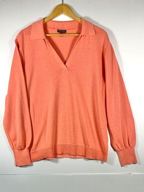 Vince Camuto Casual Pullover Lightweight Sweater V-Neck Collared Coral Salmon